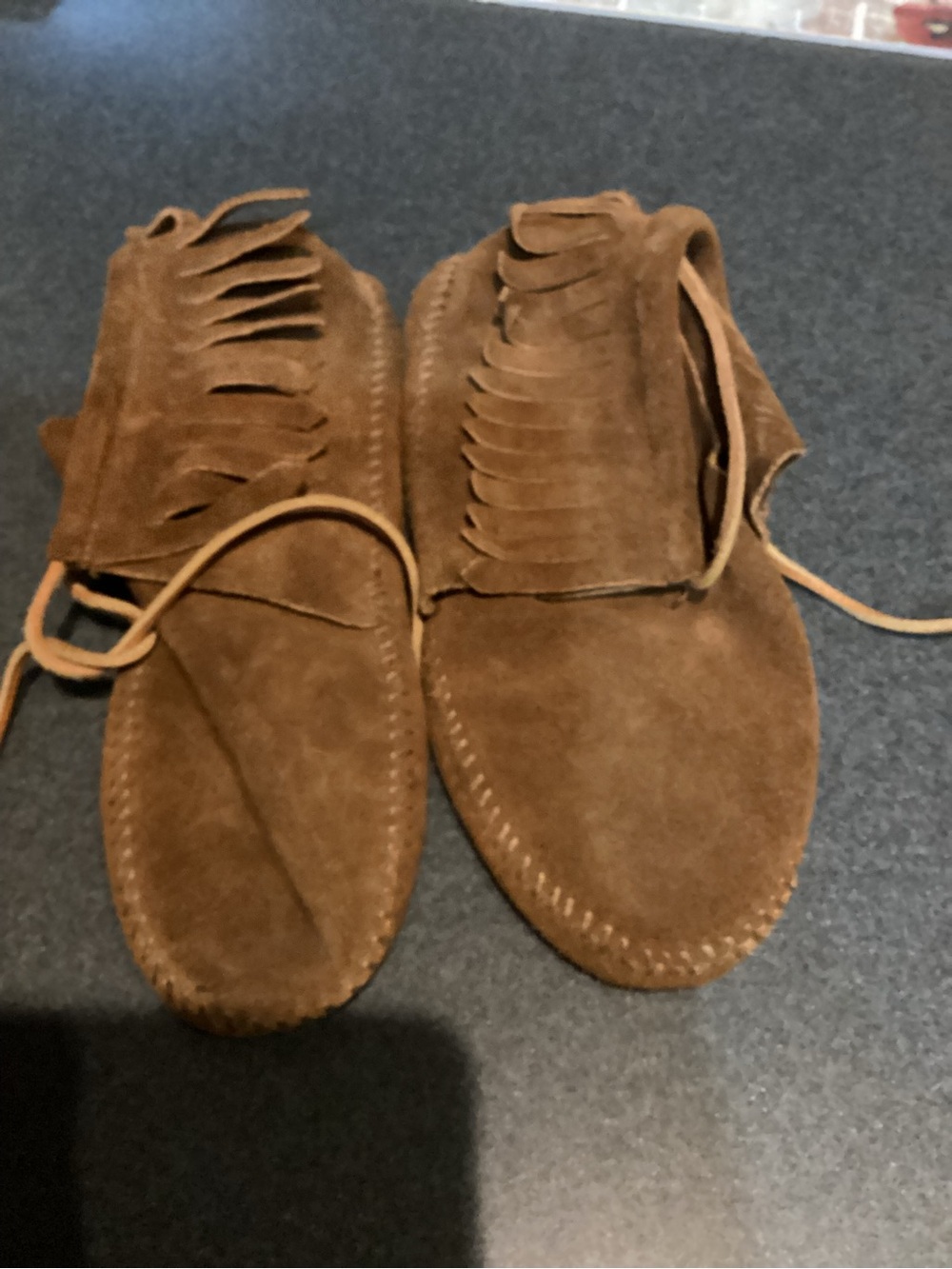 Minnetonka Brown Suede Fringe Moccasins
